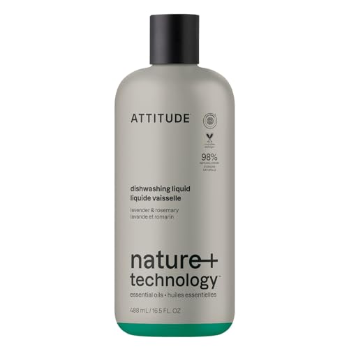 Image of ATTITUDE Dish Soap, Infused with Essential Oils, Plant-Based Ingredients, EWG Verified, Great for Clean and Sparkling Dishes, Vegan Dishwashing Liquid, Lavender & Rosemary, 16.5 Fl Oz