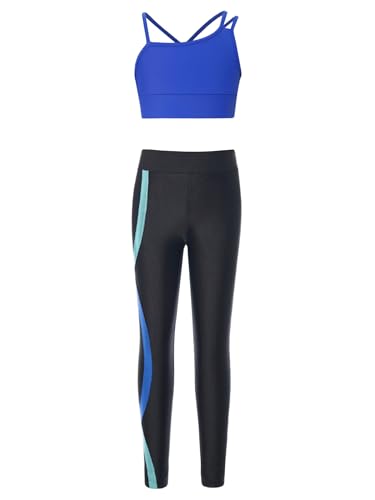 easyforever Kids Girls Two Piece Athletic Leggings And Crop Tops Tracksuit Activvewear Set Gymnastics Dance Workout Outfits Royal Blue&Blue 8 Years