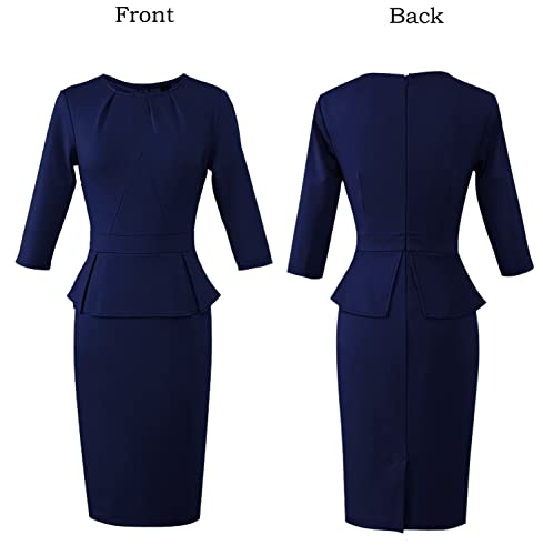 Image of VFSHOW Womens Pleated Crew Neck Peplum Slim Work Business Dress Elegant 3 /4 Sleeves Office Church Bodycon Pencil Sheath Dress