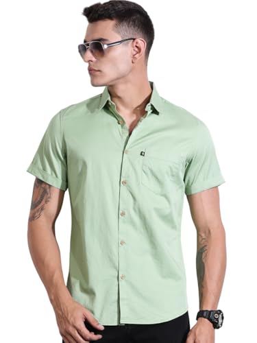 Image of Thomas Scott Men's Premium Slim Fit Casual Shirt | 100% Cotton Twill | Short Sleeves | Spread Collar | Solid Smart Casual Shirt for Men