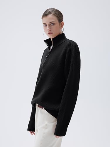 Image of SUUKSESS Women Cashmere Blend Oversized Quarter Zip Pullover Sweater Long Sleeve Collared Ribbed Knit Jumper Tops