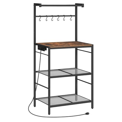 MAHANCRIS Bakers Rack with Power Outlet, Kitchen Storage Shelf with 6 Hooks, Microwave Stand with Storage, 4-Tier Coffee Bar Station, for Kitchen, Dining Room, Rustic Brown BRHR35E01