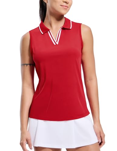 MIER Women's Sleeveless Golf Polo Shirts Dry Fit Collared Tank Tops V Neck Ribbed Athletic Tennis Shirt, Moisture Wicking