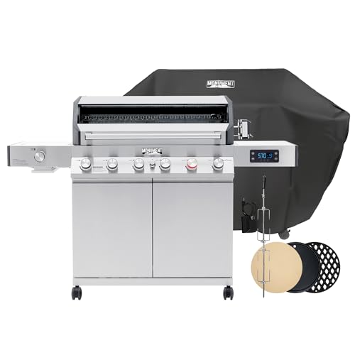 Monument Grills 6+1 Burner Smart Propane Gas Grill, Denali 605Pro Stainless Steel Grill 78,000 BTU Outdoor Barbecue Grill with Side Burner, Pizza Stone, Round Cooking Plate & Grid, Cover, Rotisserie