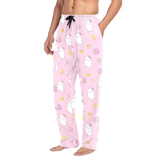 White Spirits with Pumpkins Men's Cotton Pajama Pants with Pockets and Drawstring Comfortable and Stylish,S4