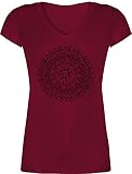 T-Shirt Damen V Ausschnitt - Kunst - Boho Mandala Yoga Sketch - L - Bordeauxrot - yogashirtsdamen Meditation t-Shirts yogashirts Yoga-Bekleidung Wellness Shirts für Joga Geschenk Tshirts - XO1525