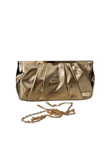 Aurora Gold Gece Çantası; Metalik Gold Renk, Pileli Tasarım, Zincir Askılı Clutch