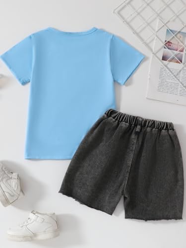 Image of Kids Toddler Girls Summer Clothes Leopard Butterfly Print T-Shirt + Belted Denim Jeans Shorts 3PCS Outfits