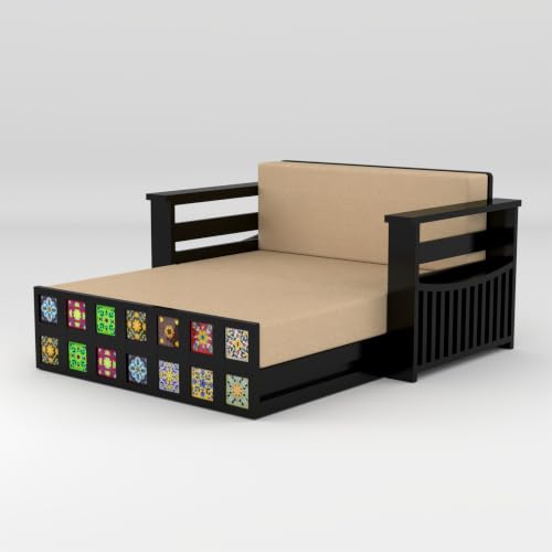 Image of Solid Sheesham Wood Sofa Cums Bed with Mattress & Storage | Rosewood Convertible Sofa Bed for Living Room & Bedroom (F-Walnut Finish, 2 Seater)
