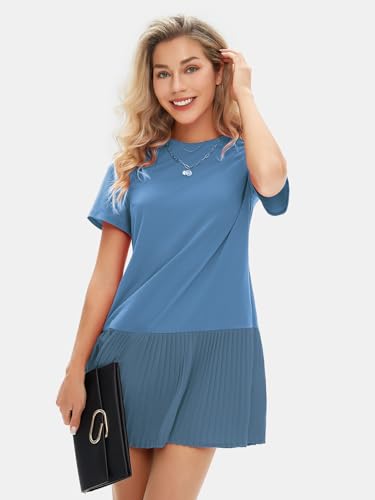 Image of EXLURA Womens Summer Casual Short Sleeve Dress Crewneck Tshirt Dresses Pleated Aline Mini Dress 2025 Vacation Beach Sundress
