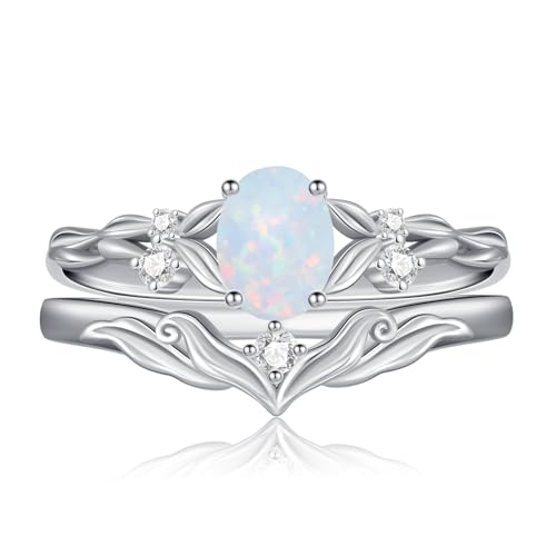 YDD Opal Engagement Rings for Women 1ct Oval Cut Genuine Opal Ring Set 925 Sterling Silver Unique Vine Leaf Art Deco 2pcs Vintage Inspired Anniversary Promise Ring