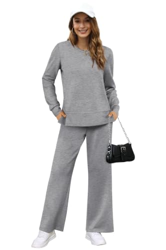 Image of OFEEFAN Women's 2 Piece Lounge Set Travel Airport Outfits Side Slit Tracksuit Wide Leg Loungewear Baggy Comfy Sweatsuit S-3XL