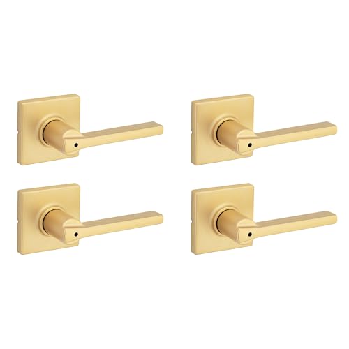Image of Kwikset Casey Interior Square Privacy Door Handle with Lock, Door Lever for Bathroom and Bedroom, Satin Brass, Reversible Keyless Push Button Lock Door Lever, 4 Pack