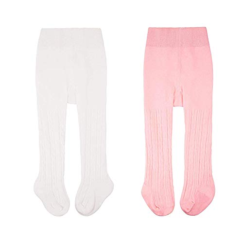 Baby Toddler Tights Knit Cotton Pantyhose Dance Leggings Pants Stockings for Girl (White Pink, 0-1Y)