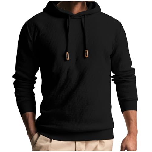 Texture Hoodie Men Long Sleeve Pullover Plaid Jacquard Warm Tops Fall Winter Fashion Solid Color Sweatshirt With Hood
