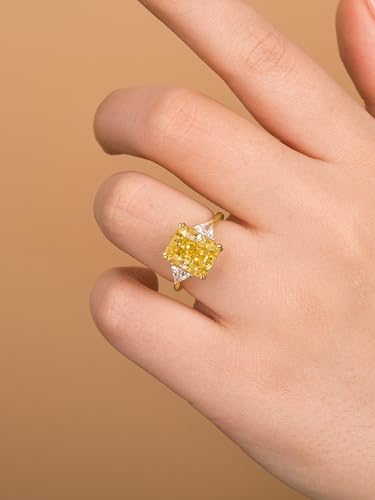 4.0/5.0CT Yellow,Ruby, Blue Simulated Diamond Engagement Ring,3-Stone Radiant Cut Ring,18K Yellow Gold Plated 925 Sterling Silver Promise Ring4