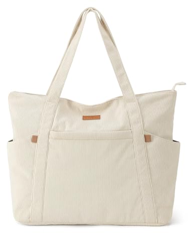 Lekespring Cord Tasche Damen, Groß Tote Bag Strandtasche mit Reißverschluss, Shopper Tasche Damen Laptoptasche mit 17 Zoll Laptopfach, Elegant Handtasche Umhängetasche für Arbeit Schule Gym-Beige