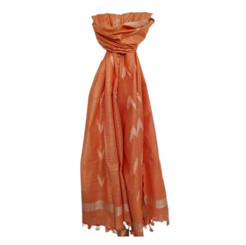 Women's Bhagalpuri Linen Cotton Blend Handloom Ikkat Dupatta with Zari Design, 2.25 Metres, Light Orange, One size, Light Orange, One Size