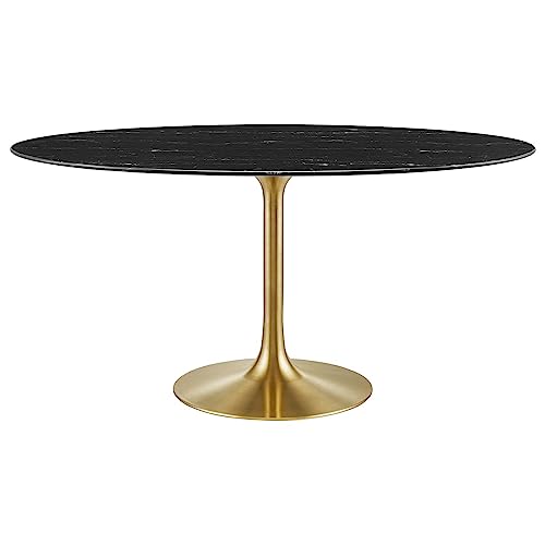 Image of Modway Lippa Oval 60 inch Artificial Marble Mid-Century Modern Dining Table, Gold Black