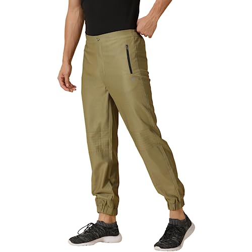Image of DOMIN8 Men's Solid Training Trousers with Zipper Pocket and Running Stitch line at Knee & Back (L) Olive