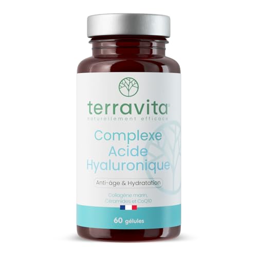 Complexe ACIDE HYALURONIQUE 200 mg | Avec Collagène Marin Peptan + Resvératrol + CoQ10 + Vit C | Formule Peau | Anti-âge, Anti-Rides, Hydratation et Elasticité | 60 Gélules Made in France | Terravita