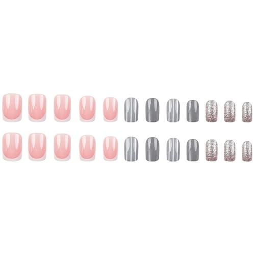 Image of Silver Glitter Press on Nails Short Square Fake Nails French Tip False Nail with Striped Design Full Cover Glossy Stick on Nail for Women Salon Manicure 24Pcs