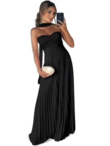 Long Chiffon Bridesmaid Dresses for Women Pleated Strapless Maxi Formal Evening Gown with Scarf Black-4