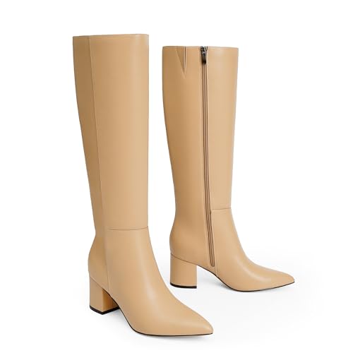 Image of Easyfox Nude Womens Tall Boots Knee High Leather Boot Womens Knee High Nude Boots Chunky Heel Long Pointed Toe Fall Boot Size 10