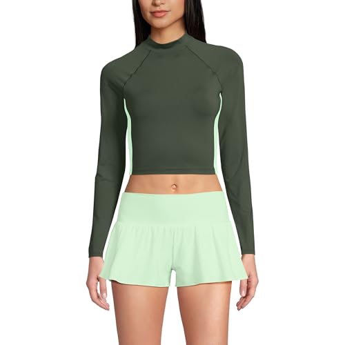 Lands' End Women's Long Sleeve Mock Neck Cropped UPF 50 Sun Protection Rash Guard X-Large Olive Green/Icy Mint
