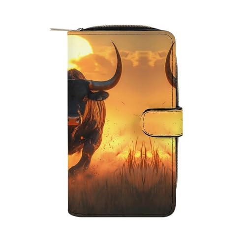 Angry Running Bull Sunset Fashion Women's Wallet RFID Blocking Bifold Clutch Purse Compact Card Holder 19.7x11x3.5cm