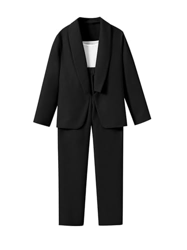 Milumia Girls 2 Piece Blazer Set Shawl Open Front Long Sleeve Blazers and Pant Suit Black 9 Years