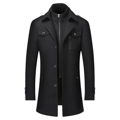 Maiyifu-GJ Men's Stylish Solid Color Overcoat Wool Thick Mid Length Trench Coat Casual Office Versatile Windbreaker