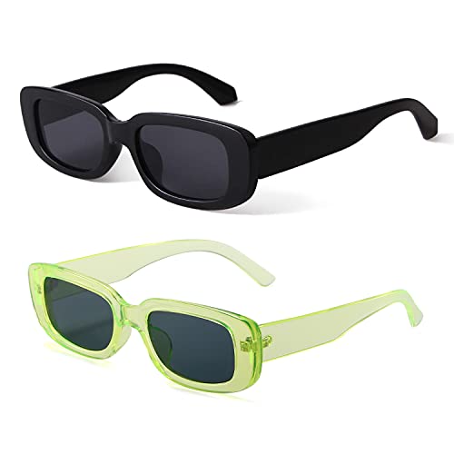 BUTABY Rectangle Sunglasses for Women Retro Driving Glasses 90’s Vintage Fashion Narrow Square Frame UV400 Protection Black & Green