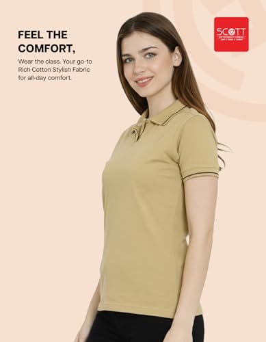 Image of Scott International Women's Cotton Polo T-Shirt | Half Sleeve Plain Collar Tee | Stylish Casual Top | Plain T-Shirt for Girls | Workwear for Office & Casual Wear