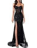 DOUMIFLY Women’s Black Corset Dress Sexy high Slit Dress Sequin Prom Dress All Black Gala Dress for Women