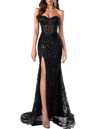DOUMIFLY Women’s Black Corset Dress Sexy high Slit Dress Sequin Prom Dress All Black Gala Dress for Women