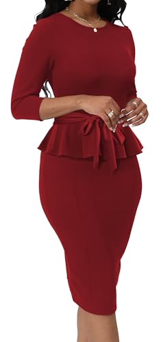 Women's Dress Work Business Bodycon Dress 3/4 Lantern Sleeves Round Neck Pencil Dresses2