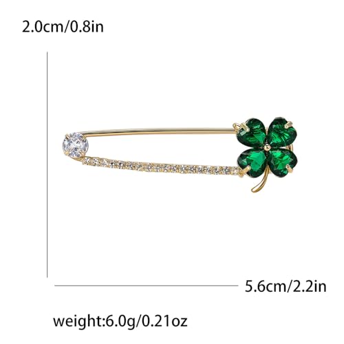 Image of Dainty Clover CZ Brooch Safety Pins Clip Scarf Sweater Shawl Waist Pants Luxury Sparkly Rhinestones Brooches for Collar Dress Skirt Suit Fashion Jewelry for Shamrock Party Birthday 2.2in