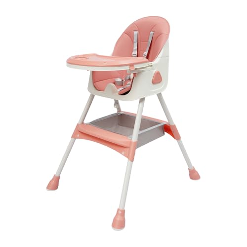 6 in1 Baby Hochstuhl, Kinderhochstuhl, Verstellbar Klappbar Hochstuhl Baby mit Fußstütze, Sicherheitsgurte,Doppeltablett, Hochstuhl für Jungen und Mädchen ab 6 Monaten (rosa)