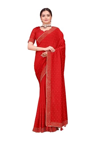 Image of SWADESI STUFF Vichitra Silk Saree with Banglory Silk Blouse and Stunning Crystal Fix Embellishments - Elegant Indian Ethnic Wear for Women