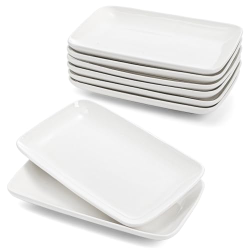 Foraineam 8 Stück Rechteckige Porzellanteller Keramik Servierteller 8inch Servierplatte Porzellanplatten für Dessert, Vorspeisen, Salatteller, Weiße Serviertabletts
