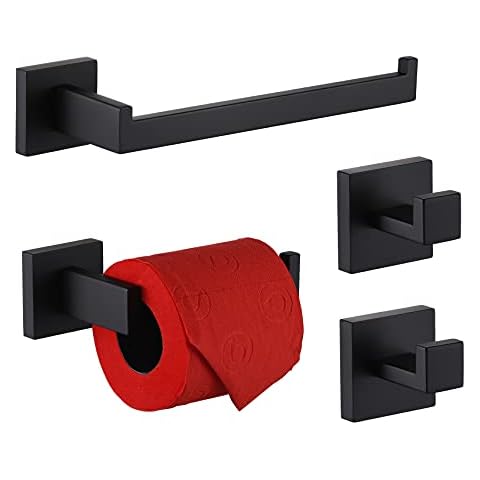 KOKOSIRI 4-Piece Bath Accessories Set Bathroom Hardware Set, Towel Holder, Toilet Paper Holder, Towel Hook x 2, Stainless Steel, Wall Mounted , Matte Black, B05S4-BK Cover