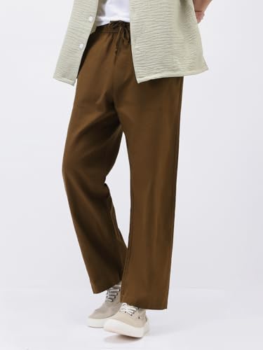 Image of Urbano Fashion Men's Loose Fit Solid Linen Blend Trousers Non-Stretchable