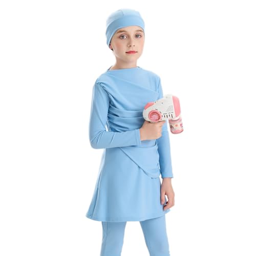 Image of Muslim Swimsuits for Girls Modest Swimwear Full Cover Hijab Burkini Islamic Top Pants Cap 3PCS Rash Guard Sets