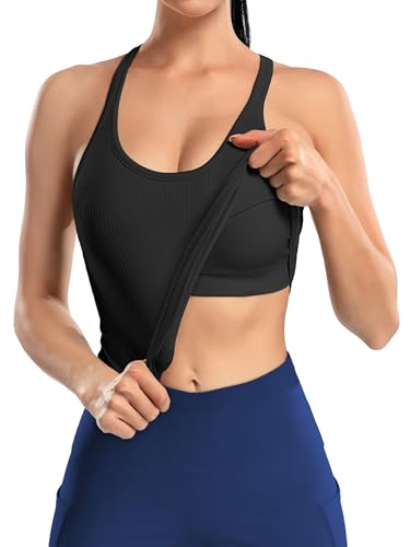 Image of ATTRACO Ribflex Ribbed Workout Crop Tops with Built in Bra for Women Yoga Racerback Tank Top Slim Fit
