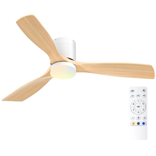 Passky Ventilador de Techo con Luz Silencioso 132cm 3 Aspas Madera Mando a Distancia Motor DC 3 Luces Regulables Modo Verano Invierno 6 Velocidades Temporizador Interior/Exterior Blanco