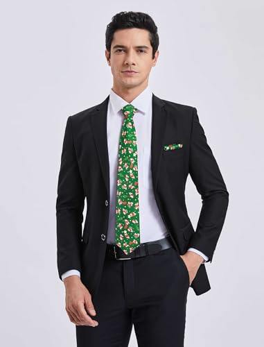 Image of HISDERN Christmas Ties for Men Holiday Tie and Pocket Square Cufflinks Festival Party Xmas Funny Silk Woven Necktie