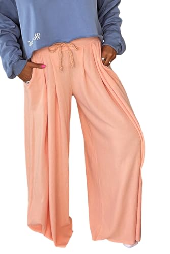 Urchics Womens Casual Pants Grapefruit Orange Tied High Waist Pleated Wide Leg Pants