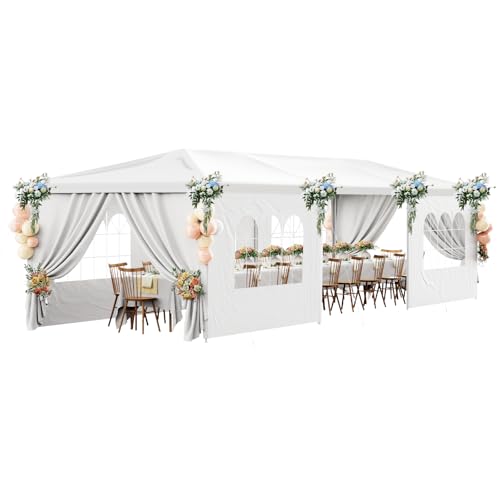 White Party Tent 10X30 Outdoor Canopy Tents for Parties Heavy Duty Waterproof Patio Gazebo Shelter with 7 Removable Sidewalls Wedding BBQ Events Tent for Birthday Holiday Backyard Garden Christmas