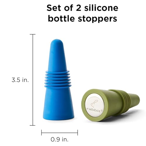 Image of Rabbit Wine and Beverage Bottle Stoppers with Grip Top (Blue, Set of 2)
